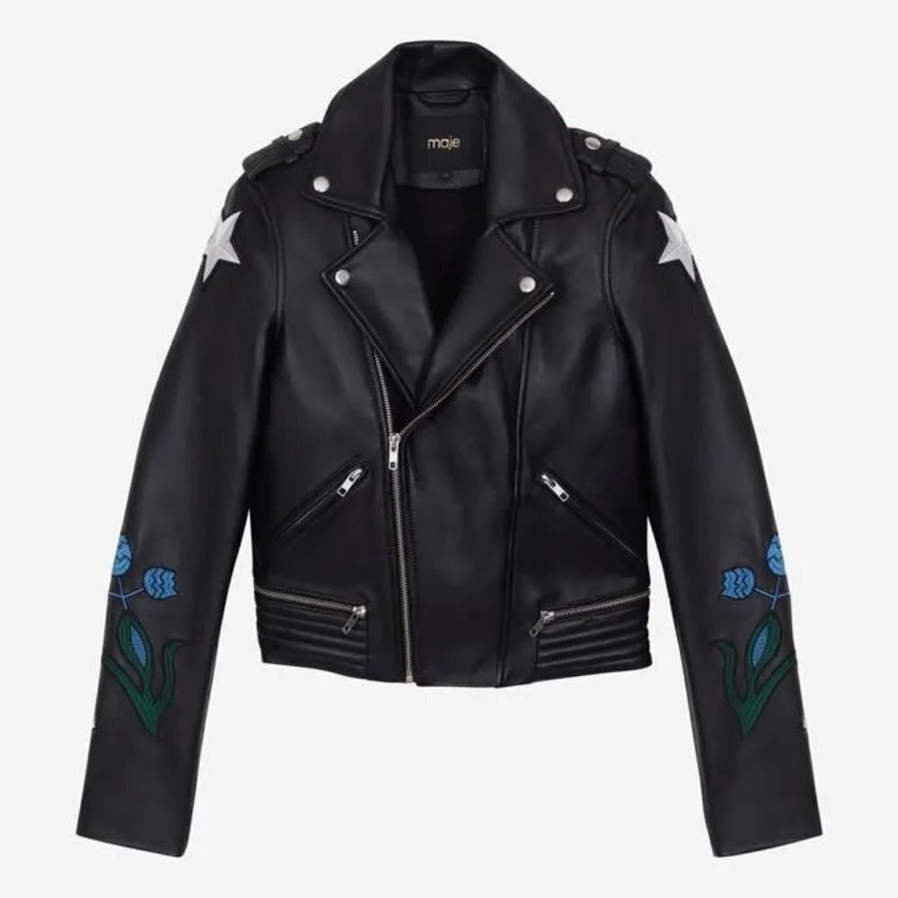 NWT Maje black leather patch embroidered “Dream Tomorrow” moto biker jacket, S - Picture 7 of 15